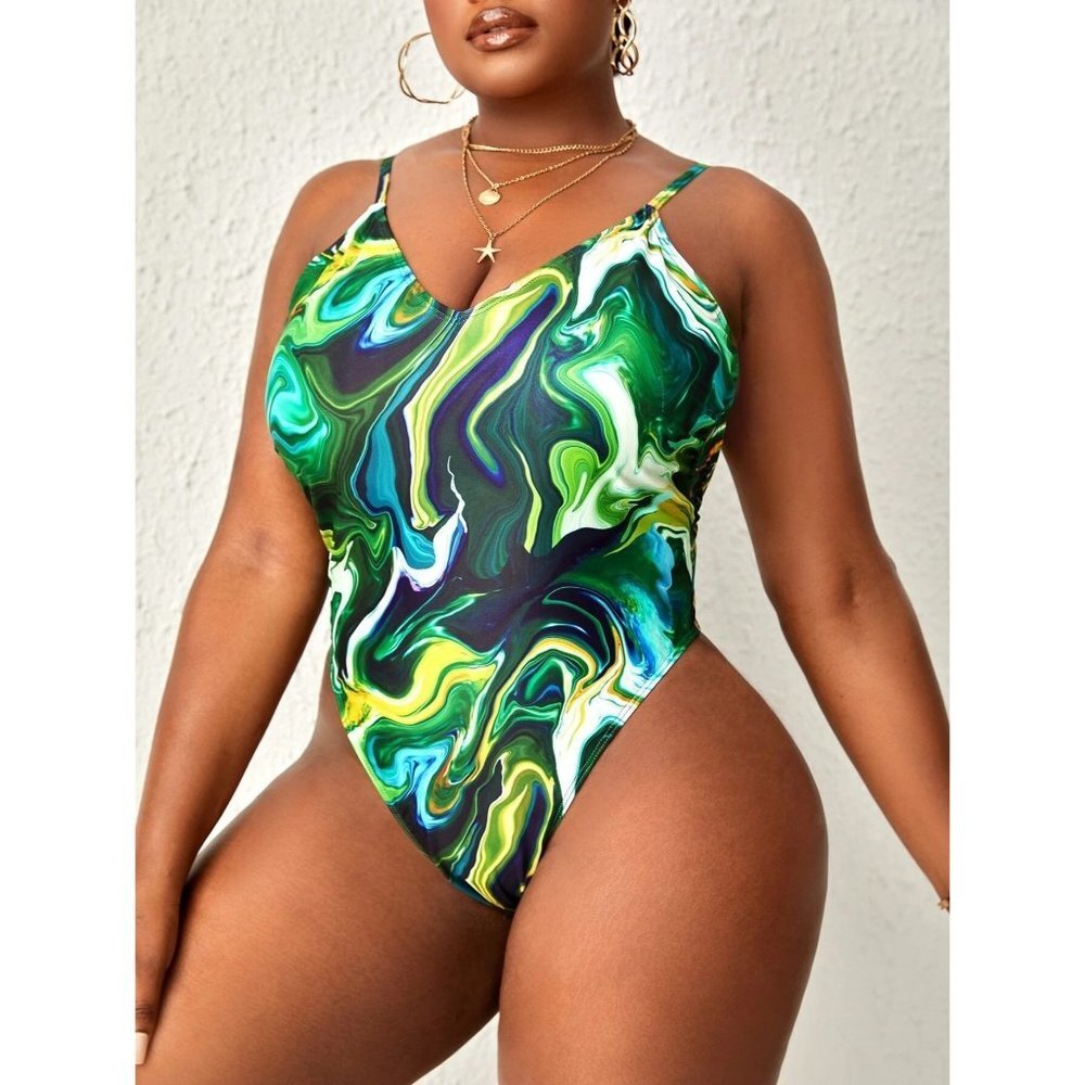 NEW SHEIN Plus Marble Print Crisscross Backless High Cut One Piece Swimsuit Size - Picture 4 of 9